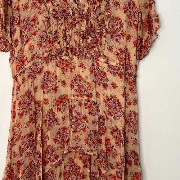 The Kooples Paris S Cottagecore Ruffle Midi Dress Tan Pink Floral Flowy Chiffon - Picture 5 of 16